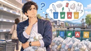 「そもそも細かく分別する必要あるの」を題材にした架空の成人人物のアニメ風イラスト
