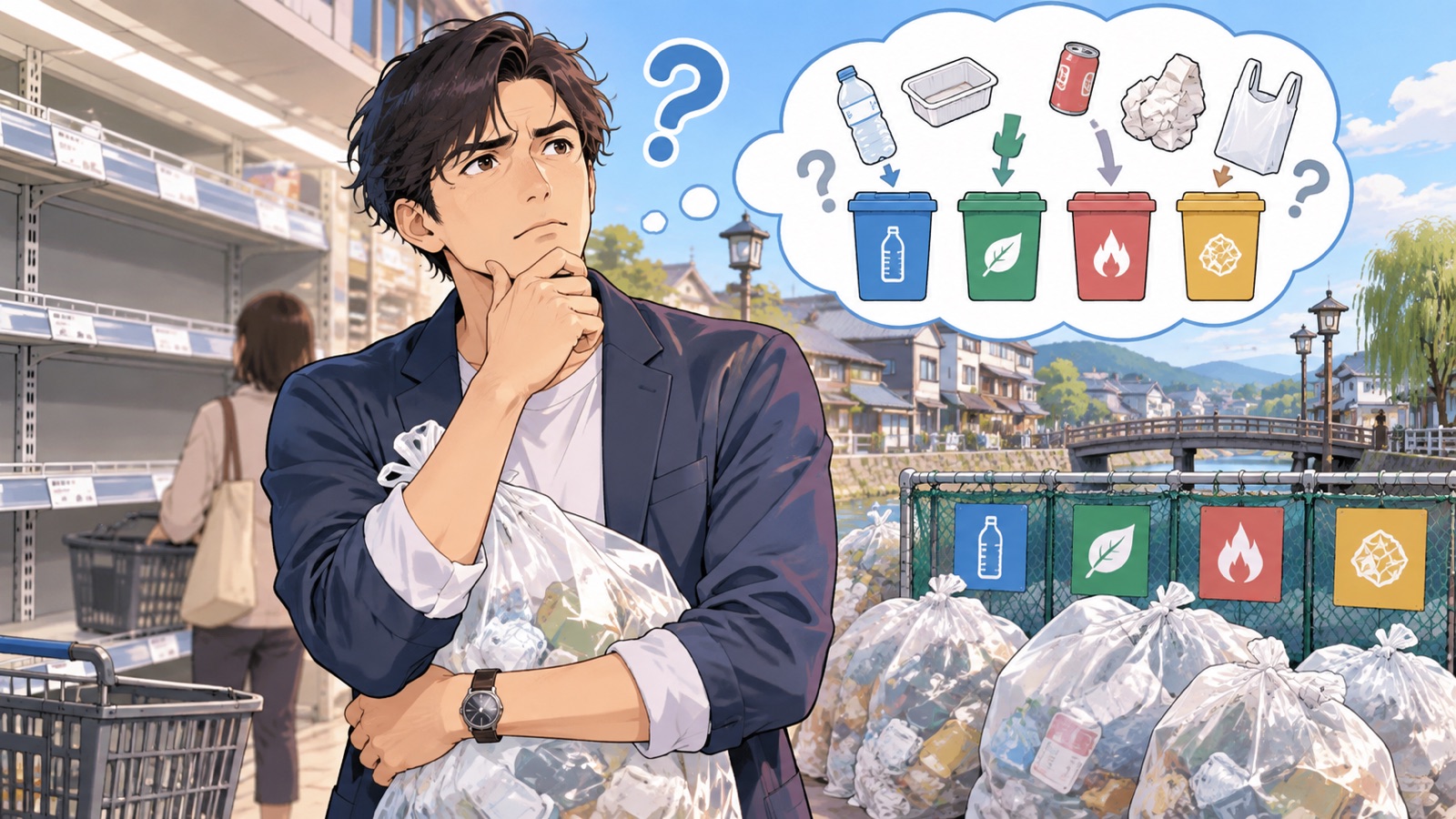 「そもそも細かく分別する必要あるの」を題材にした架空の成人人物のアニメ風イラスト