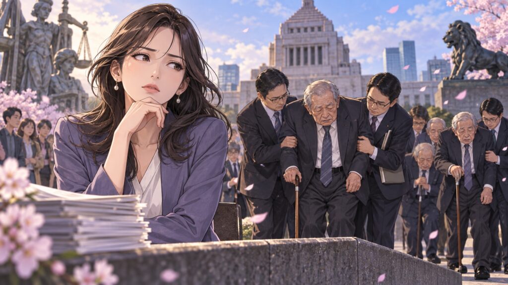 「官僚に支えられて漸く立てるようなポンコツ高齢者ばかりの自民党に、国民に支持される価値は果たしてあるのですかね」を題材にした架空の成人人物のアニメ風イラスト