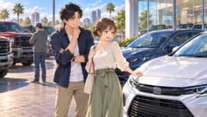 「お気の毒ですが、米国人自身がアメ車よりもトヨタ、ホンダなどを選ぶんだから仕方ないよね」を題材にした架空の成人人物のアニメ風イラスト