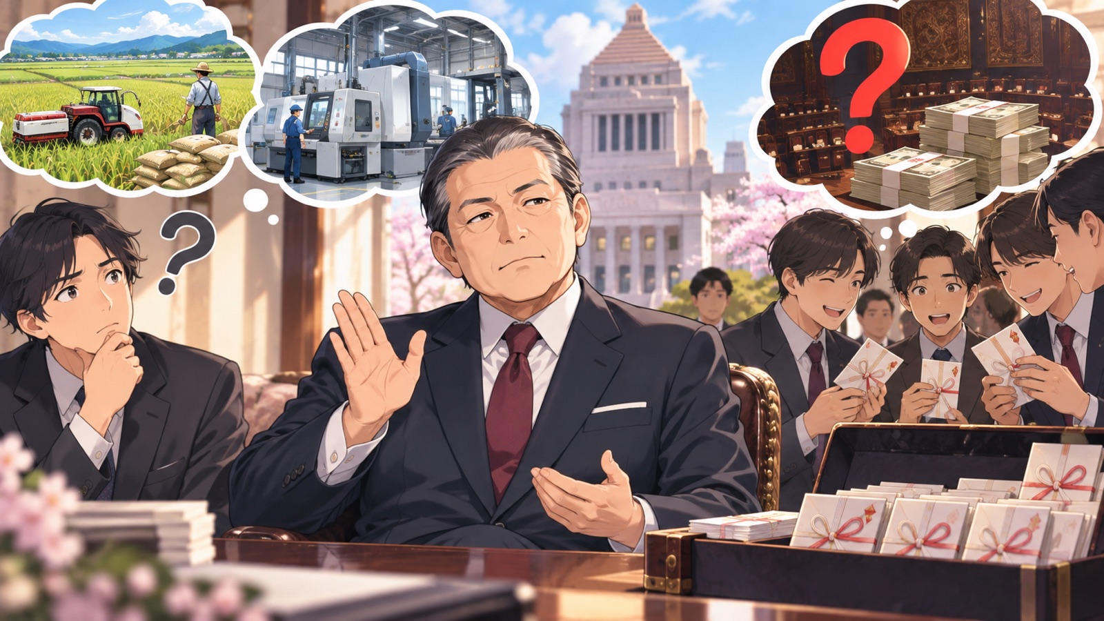 「農業なら広大な土地や大量な種籾が必要ですし、工業なら工場や工作機械に金がかかるのは分かりますけど、政治って「…」を題材にした架空の成人人物のアニメ風イラスト