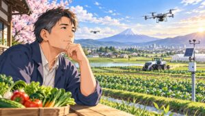 「たしかに天候不順は大きな不安定要素なので、農業にも科学技術の導入は必須でしょう」を題材にした架空の成人人物のアニメ風イラスト