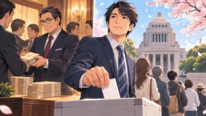 「選挙に行か無い方々が選挙に行くだけで案外簡単にこの国の政治は変わるのかもと思います」を題材にした架空の成人人物のアニメ風イラスト