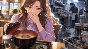 「この店舗の厨房の汚さや、働いている人の衛生管理意識の杜撰さなどが透けて見えてしまいますよ」を題材にした架空の成人人物のアニメ風イラスト