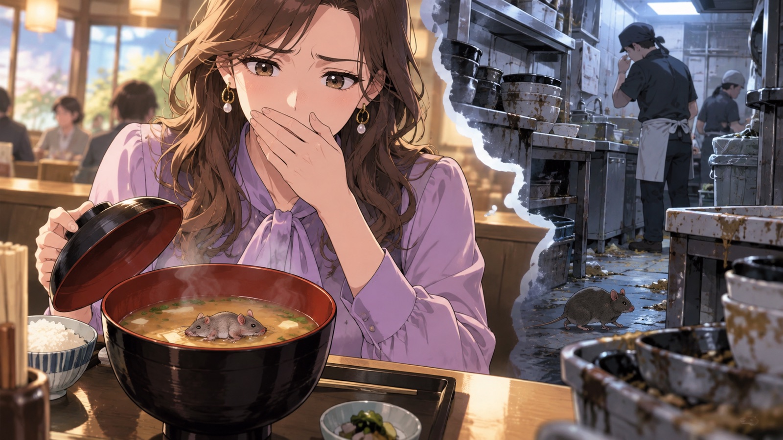 「この店舗の厨房の汚さや、働いている人の衛生管理意識の杜撰さなどが透けて見えてしまいますよ」を題材にした架空の成人人物のアニメ風イラスト