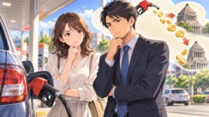 「そもそもガソリンは税金二重取りがずっと続いているのですからね」を題材にした架空の成人人物のアニメ風イラスト