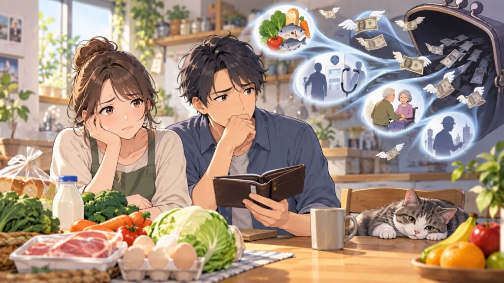 「日本の8％は高いし、ほかの年金や社会保険料合わせたらべらぼうに取られてるのですけどね」を題材にした架空の成人人物のアニメ風イラスト