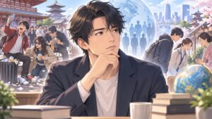 「人口の問題では無いですよ民度、教育です」を題材にした架空の成人人物のアニメ風イラスト