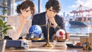 「EUより関税が高く設定されていますね」を題材にした架空の成人人物のアニメ風イラスト