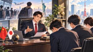 「中国人はもう日本人に雇用される側じゃ無く、日本人を雇用する側になってるのですからね」を題材にした架空の成人人物のアニメ風イラスト