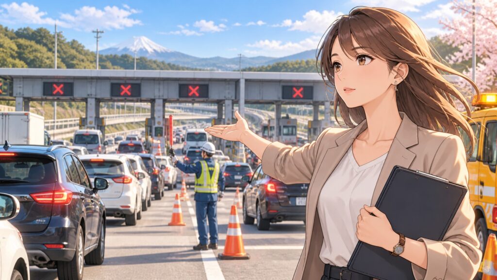 「無料化による一時的な収入の減少よりも、交通混乱を緩和する事を最優先に考えるべきでしょう」を題材にした架空の成人人物のアニメ風イラスト