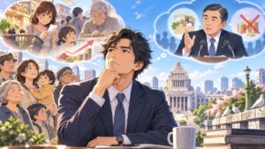 「民主主義は国民の水準以上の政治はされ無い、政治の水準が低いのならそれはまんま国民の水準ですは」を題材にした架空の成人人物のアニメ風イラスト