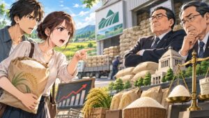「多くの日本人にとって敵は農林水産省、JA農協ですよ」を題材にした架空の成人人物のアニメ風イラスト