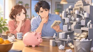 「減税にすれば簡単なのに、いちいち余計な手間をかけて税金を無駄にしていますよ」を題材にした架空の成人人物のアニメ風イラスト