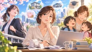 「お金が掛かり始める30代や子供にお金が掛かる40代に優遇すべきでは」を題材にした架空の成人人物のアニメ風イラスト