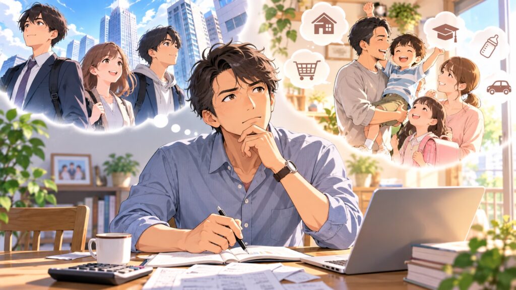 「お金が掛かり始める30代や子供にお金が掛かる40代に優遇すべきでは」を題材にした架空の成人人物のアニメ風イラスト