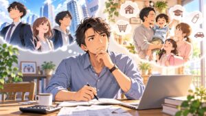 「お金が掛かり始める30代や子供にお金が掛かる40代に優遇すべきでは」を題材にした架空の成人人物のアニメ風イラスト