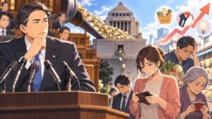 「世界第2位の重税国家なのに、ほとんど国民に還元されない」を題材にした架空の成人人物のアニメ風イラスト