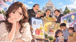 「とにかく私腹を肥やす事しか頭に無い自公政府と言う印象しか無いのですけどね」を題材にした架空の成人人物のアニメ風イラスト