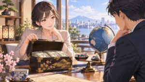 「日本が保有する米国債の事をチラつかせても良いと思うのですけどね」を題材にした架空の成人人物のアニメ風イラスト