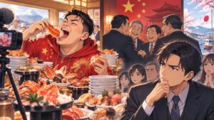 「このような状況を作った一番の要因が”親中派の自公の政治家”なので、辞めて貰いたいです」を題材にした架空の成人人物のアニメ風イラスト