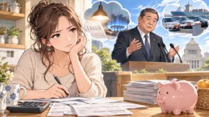 「石破総理から感じるのは『無気力』『的外れ』『中途半端』」を題材にした架空の成人人物のアニメ風イラスト