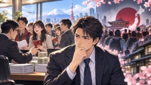 「「気付いたら日本では無くなって（乗っ取られて）いた」となりそうで本当に恐いですよ」を題材にした架空の成人人物のアニメ風イラスト