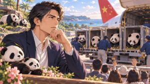 「所有権は中国で期日が来たら返還とか、こんなの変だと思わない方が可笑しいですよね」を題材にした架空の成人人物のアニメ風イラスト