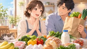 「「食料品の消費税ゼロ」という方針は、生活必需品の価格上昇に直面している多くの家庭にとって、直接的な支援になり…」を題材にした架空の成人人物のアニメ風イラスト