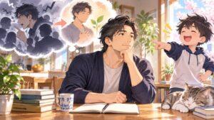 「人を責める前に、自分の我や弱さを知る方が人としての学びになるのでは」を題材にした架空の成人人物のアニメ風イラスト