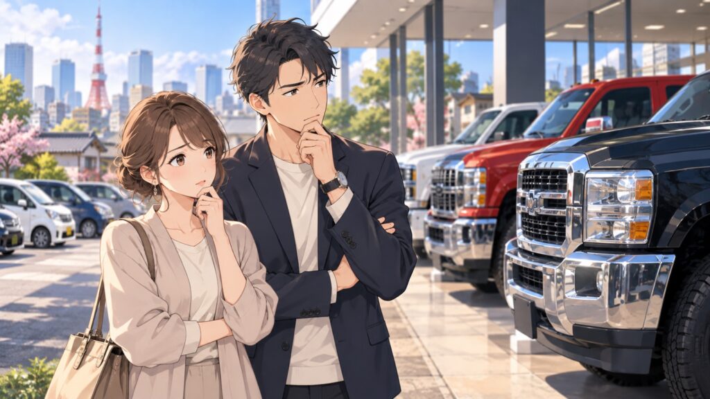 「このままじゃアメ車って、日本での未来ないと思いますね」を題材にした架空の成人人物のアニメ風イラスト