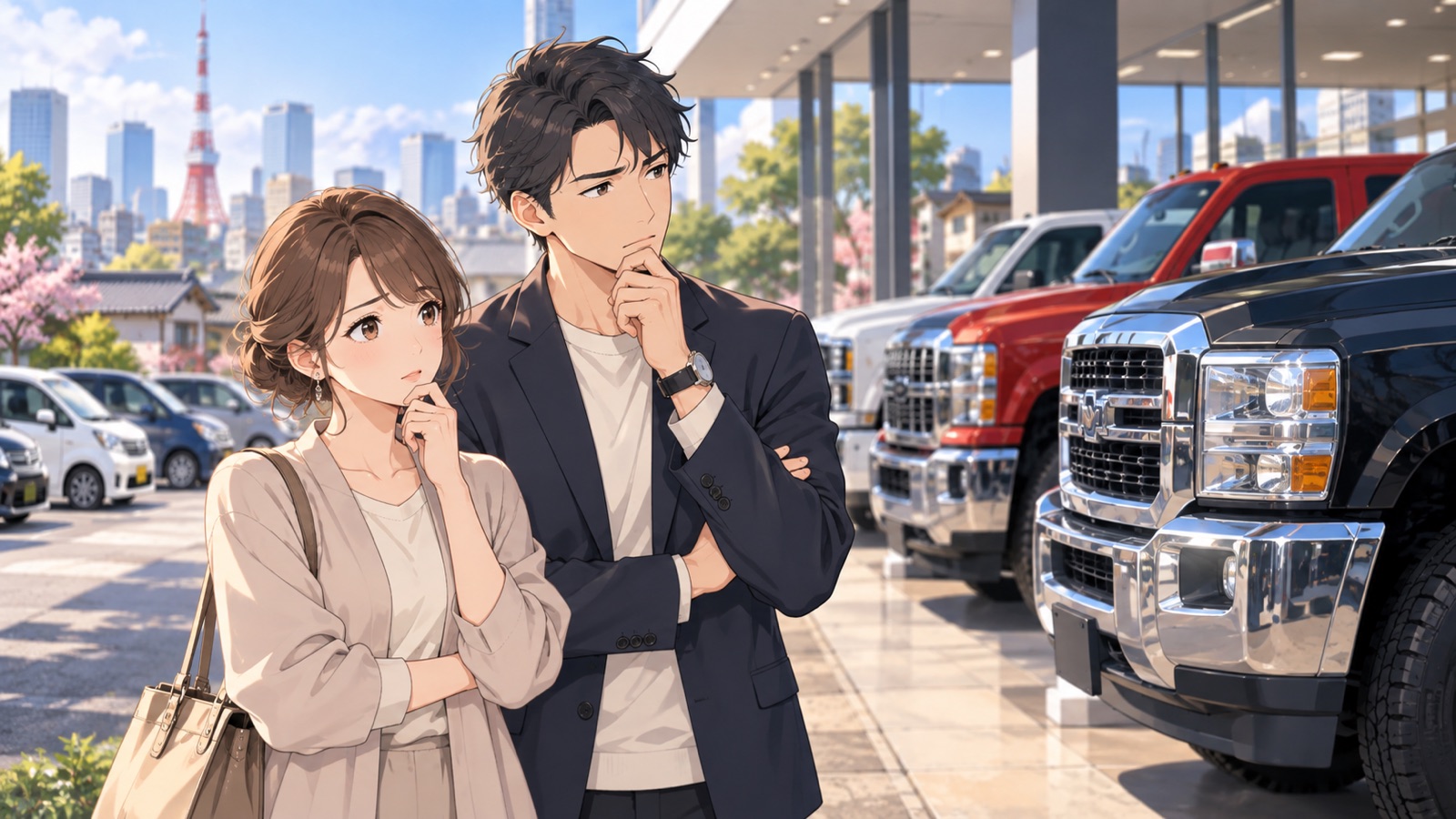 「このままじゃアメ車って、日本での未来ないと思いますね」を題材にした架空の成人人物のアニメ風イラスト
