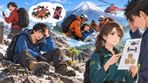 「埼玉県のように、救助にかかる費用の一部を要救助者に負担させる制度を導入することで、無謀な登山を抑止する効果が…」を題材にした架空の成人人物のアニメ風イラスト