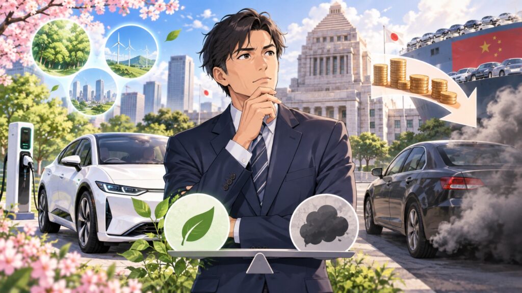 「ガソリン車と比べ、EVがどれだけエコカーなのか、知りたいですよね」を題材にした架空の成人人物のアニメ風イラスト