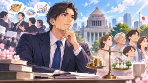 「選挙のたびに耳障りの良いことを並べるのではなく、痛みも伴う改革を正直に説明し、国民とともに進む覚悟を持った政…」を題材にした架空の成人人物のアニメ風イラスト