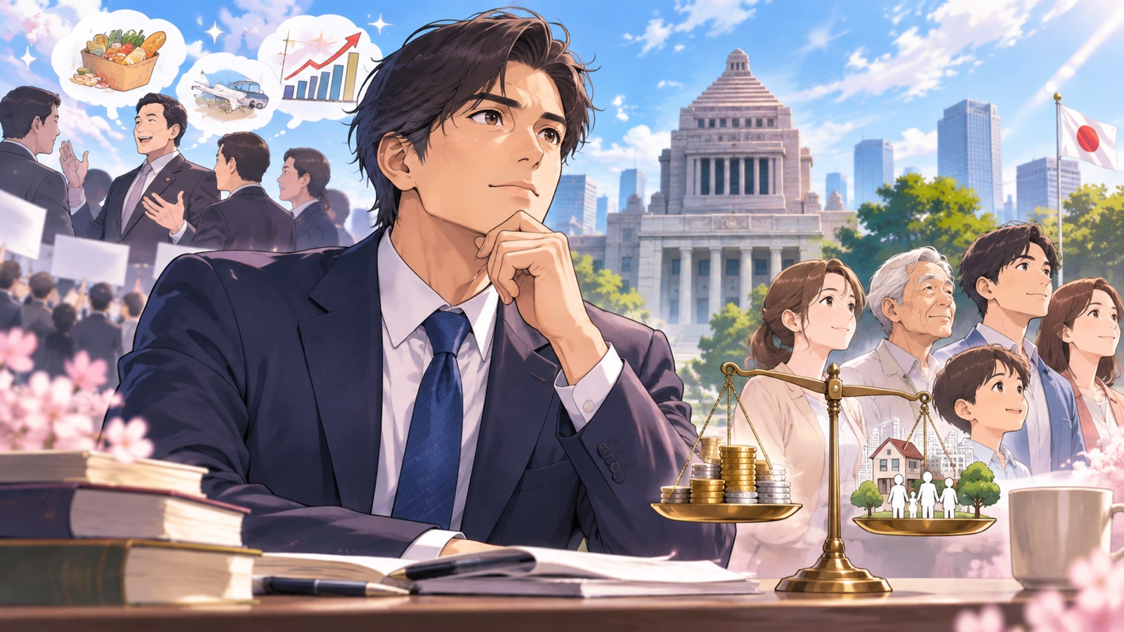 「選挙のたびに耳障りの良いことを並べるのではなく、痛みも伴う改革を正直に説明し、国民とともに進む覚悟を持った政…」を題材にした架空の成人人物のアニメ風イラスト