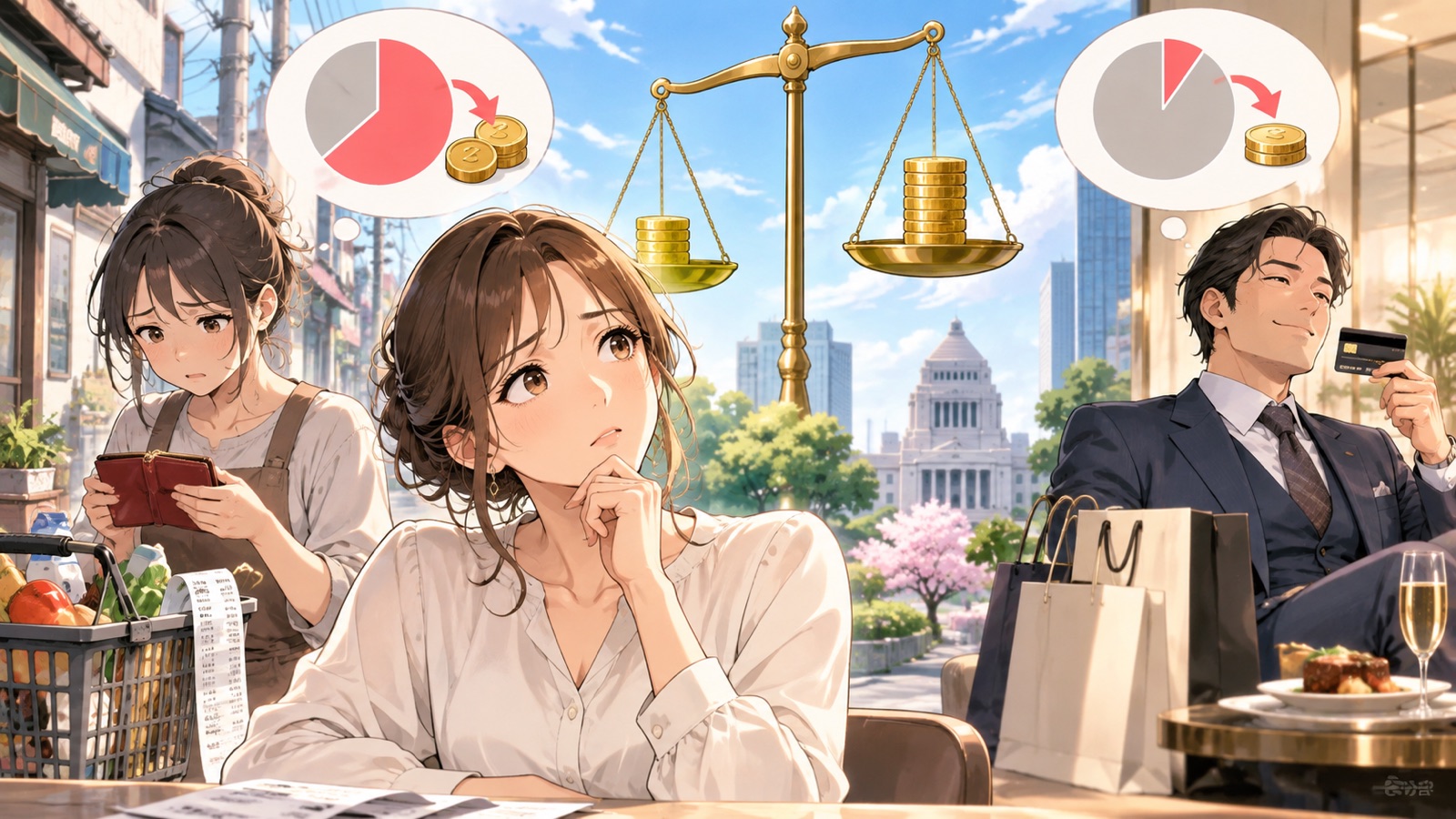 「所得が低い人ほど、収入に対する税の負担割合が高くなる（たとえば、月収10万円の人が1万円分の消費税を払えば1…」を題材にした架空の成人人物のアニメ風イラスト