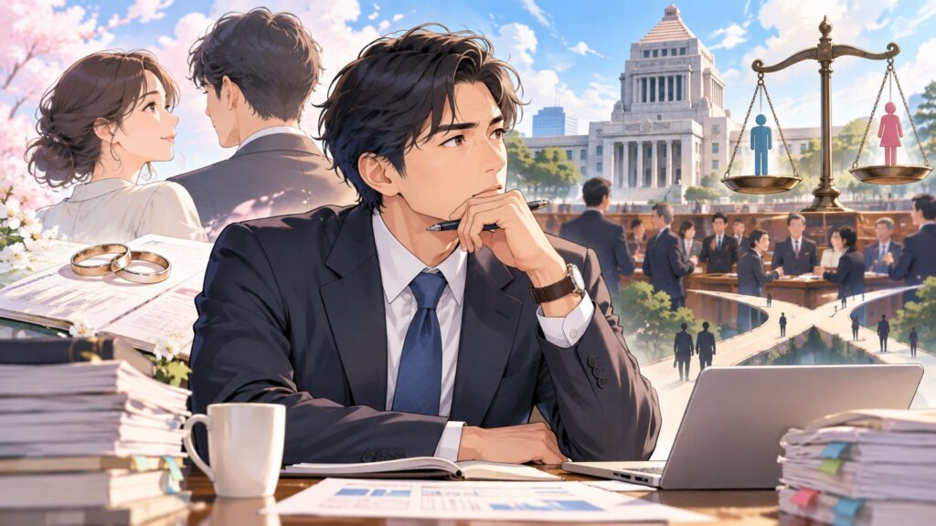 「「なぜ今、夫婦別姓を急ぐのか⁉️」という問いには、政治的背景や優先順位の問題が絡んでいます」を題材にした架空の成人人物のアニメ風イラスト