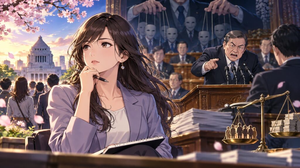 「「政治は変わらない」と思わされているのは、ある意味で支配者側にとって都合のいい無力感です」を題材にした架空の成人人物のアニメ風イラスト