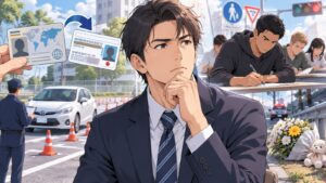 「母国免許で手続きだけで日本の免許を取得した外国人全てに実技と交通法規の試験をさせるべき」を題材にした架空の成人人物のアニメ風イラスト
