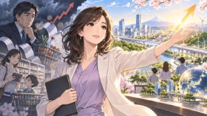 「必要なのは「経済音痴」ではなく、「未来志向の成長政策」です」を題材にした架空の成人人物のアニメ風イラスト