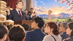 「「空気を読めない政治家」ではなく、「空気を変える有権者」が、これからの日本にはもっと必要です」を題材にした架空の成人人物のアニメ風イラスト