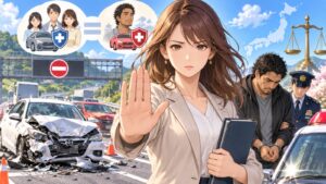 「日本人と同等の自賠責と任意保険の加入も義務付けるべきです」を題材にした架空の成人人物のアニメ風イラスト