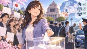 「行政を動かすには、市民の声が現実に「票」や「世論」として可視化されることが、最も有効な手段でもありますからね」を題材にした架空の成人人物のアニメ風イラスト