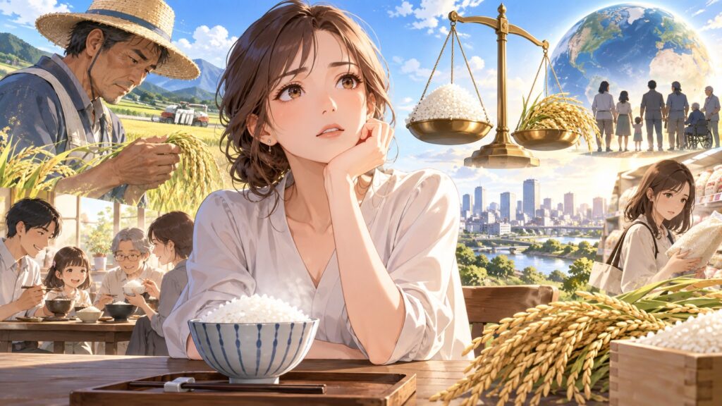 「“農業の問題”ではなく、私たち全員の「生存戦略」に関わる問題ですよ」を題材にした架空の成人人物のアニメ風イラスト