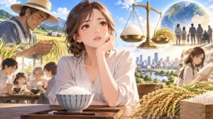 「“農業の問題”ではなく、私たち全員の「生存戦略」に関わる問題ですよ」を題材にした架空の成人人物のアニメ風イラスト