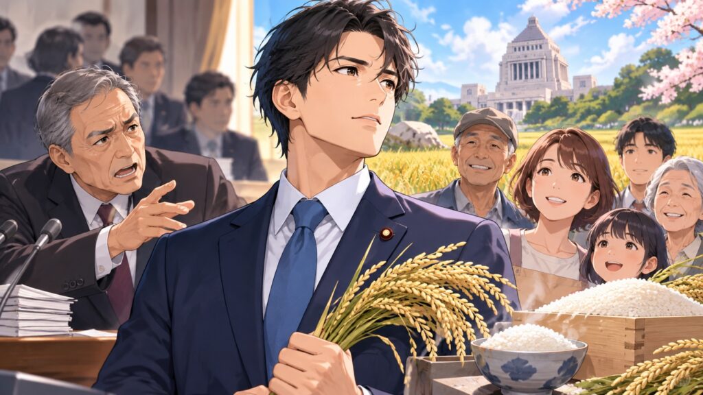 「今回は民意は小泉大臣にある」を題材にした架空の成人人物のアニメ風イラスト