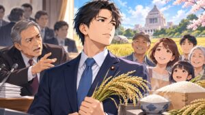 「今回は民意は小泉大臣にある」を題材にした架空の成人人物のアニメ風イラスト