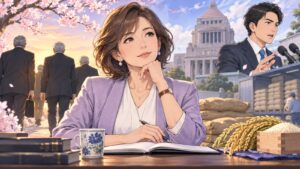 「民間企業に定年があるように、政治にも「一定年齢で表舞台から退く」という仕組みが必要だと、60代を迎えた今、心…」を題材にした架空の成人人物のアニメ風イラスト