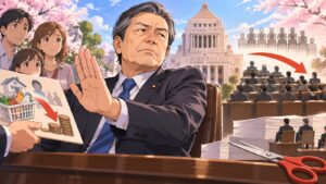 「そこまで厳しい現状なら「議員定数削減」を約束通り早急に実施しよう」を題材にした架空の成人人物のアニメ風イラスト